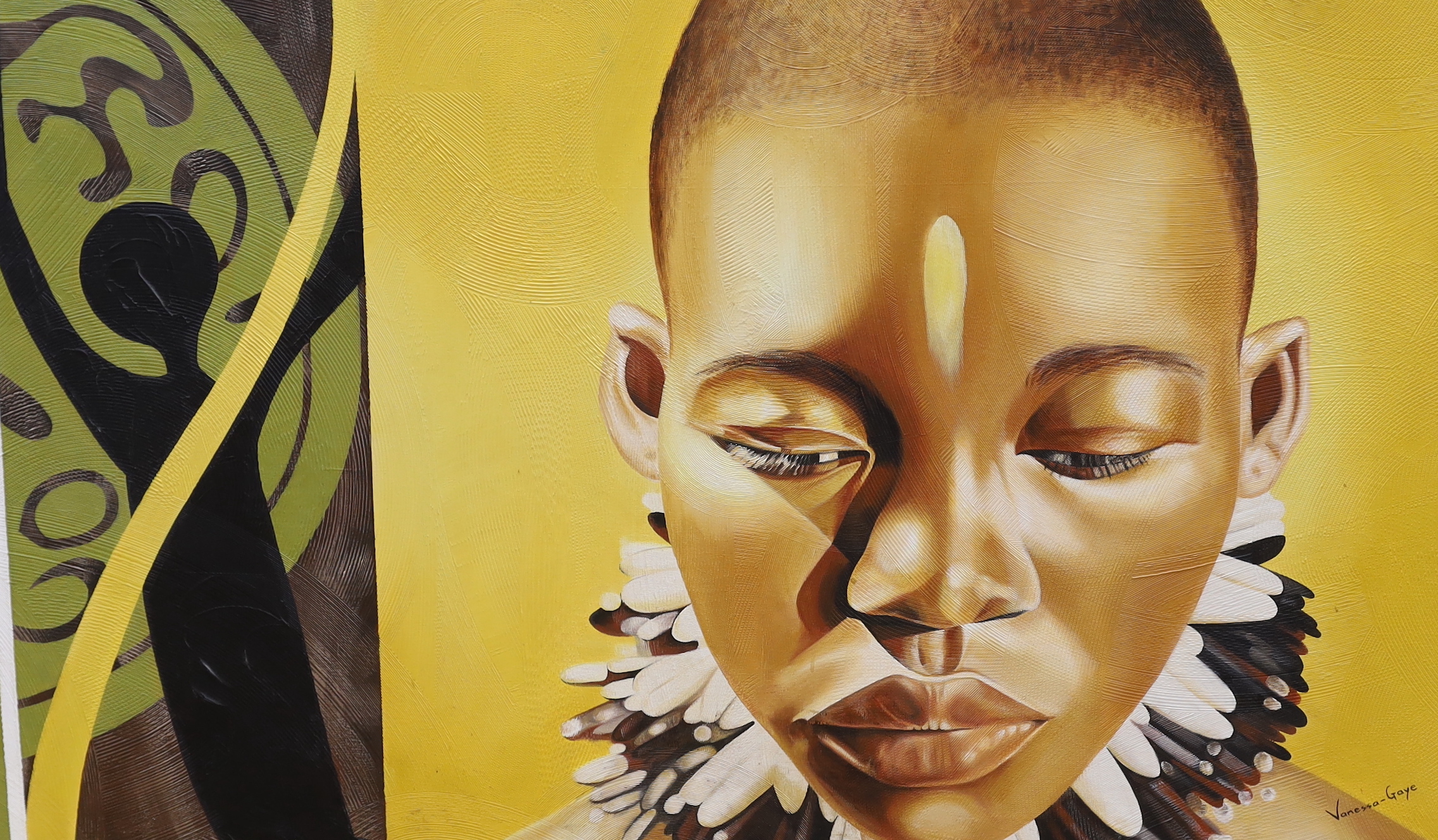 Vanessa Gaye (South African, 20th. C), oil on canvas, Stylised portrait of an African woman, signed, 75 x 130cm, unframed